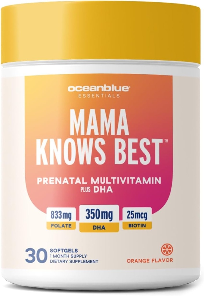 Oceanblue Essentials Mama Knows Best – 30ct – Prenatal Multivitamin with Omega-3 DHA – Supports a Healthy Pregnancy – Easy to Swallow Softgels – Tasty Orange Flavor – 1 Month Supply