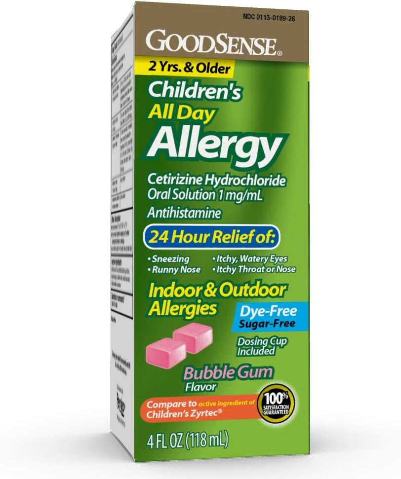 Alivio de Alergia para Niños GoodSense, Hidrocloruro de Cetirizina Solución Oral 1 mg/mL, Bubble Gum Flavor, Dye Free, Sugar Free, 4 Fluid Ounce