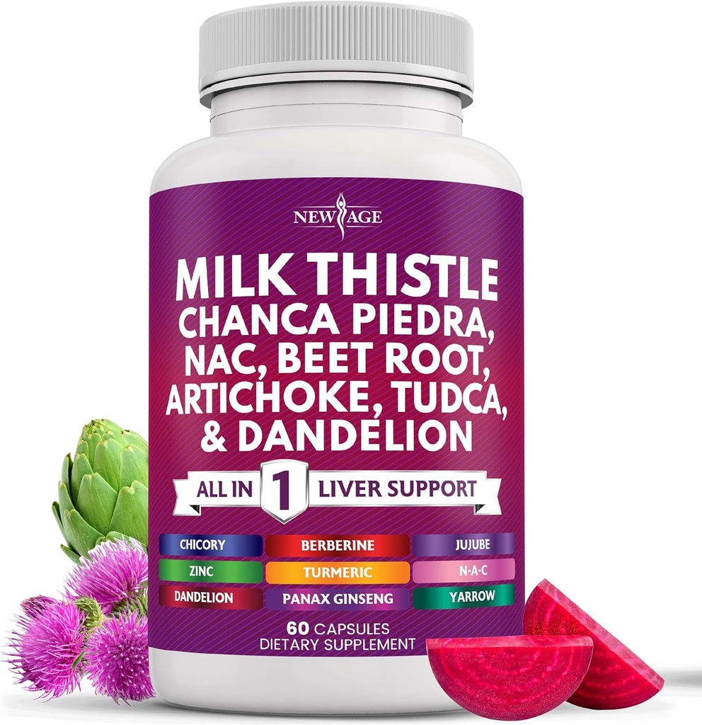 New AGE Milk Thistle NAC Chanca Piedra Beet Root Artichoke Dandelion Root Astragalus - Plus TUDCA & Ginger - 60 Cuenta