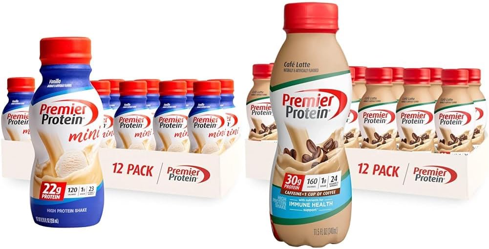 Premier Protein Shake MINIs Vanilla 22g Protein 120 Calories Pack of 12 &amp; Café Latte 30g Protein 160 Calories Nutrients for Immune Health Pack of 12