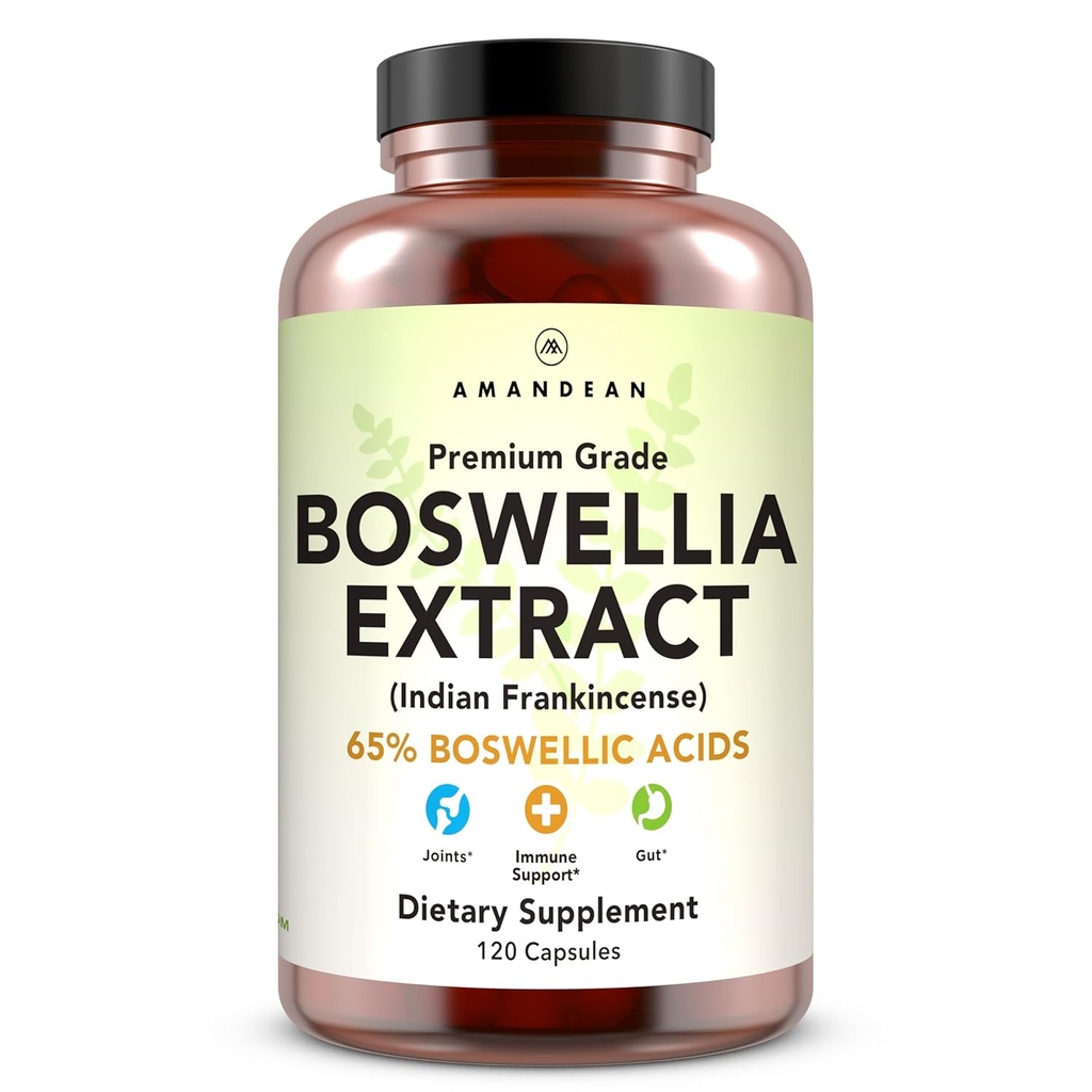 AMANDEAN Boswellia Serrata Extract. 500mg 120 Veggie Capsules. 65% Boswellic Acids with AKBA. Suplemento de inflamación de incienso indio. Asistencia sanitaria conjunta. (Paquete Mayo Vary)