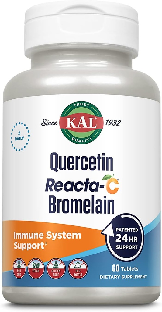 KAL Quercetina Reacta-C Bromelain Apoyo Suplemento, 24 horas Defensa Inmunitaria con Bioflavonoides, Vitamina C 1000mg y Quercetina 500mg, Vegan, Gluten Gratis, Garantía de 60 días, 30 Serv, 60 Tablets
