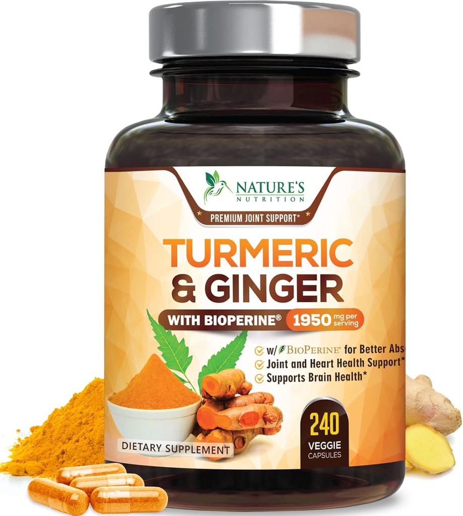Turmeric Curcumin Supplement 1950mg - 95% Curcuminoids with Organic Turmeric & Ginger, BioPerine Black Pepper for Best Absorption, Nature's Vegan Joint Support, Non-GMO, Bottled in USA - 240 Capsules