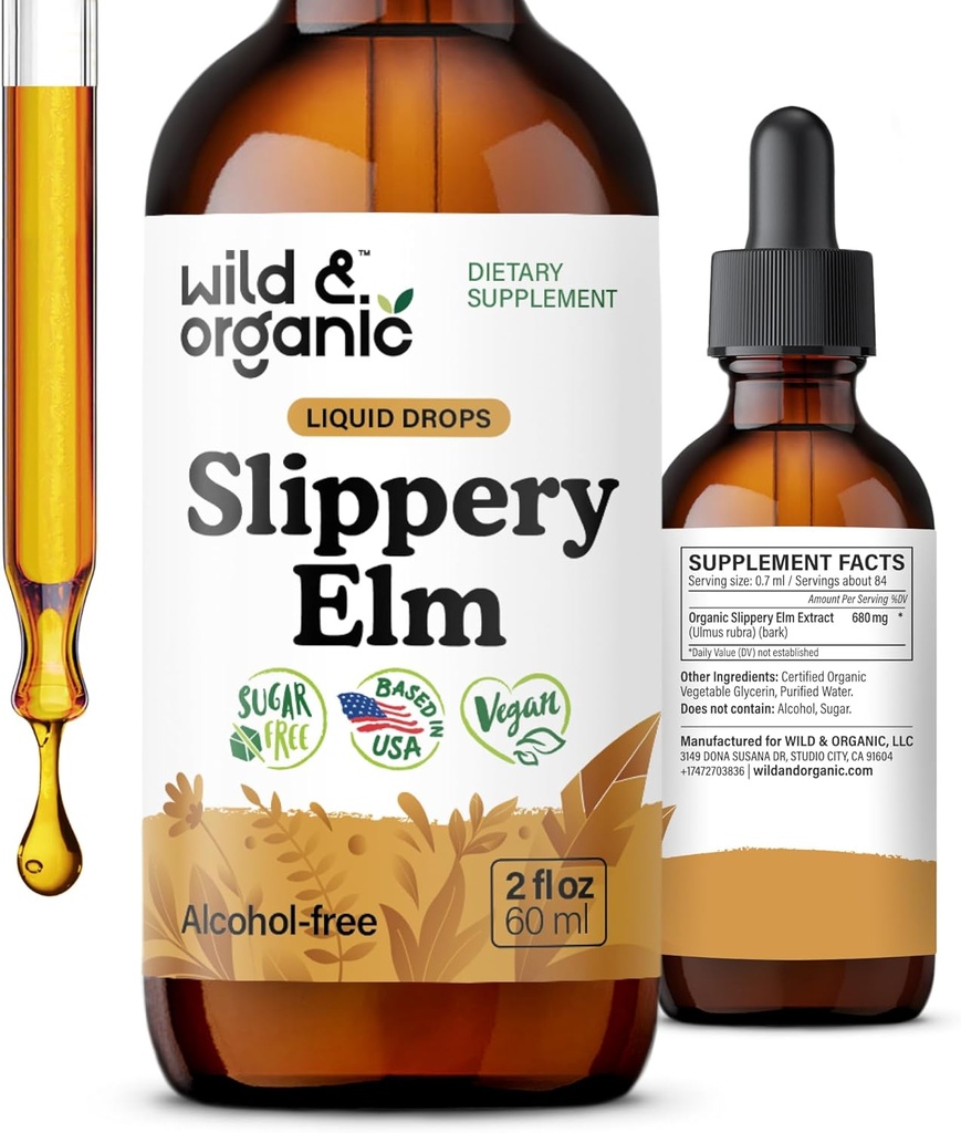 Wild & Organic Slippery Elm Drops - Lung, Digestive & Women's Support - Slippery Elm Bark Tincture - Liquid Ulmus Rubra Extract Supplement - Vegan, Sugar & Alcohol-Free - 2 fl oz