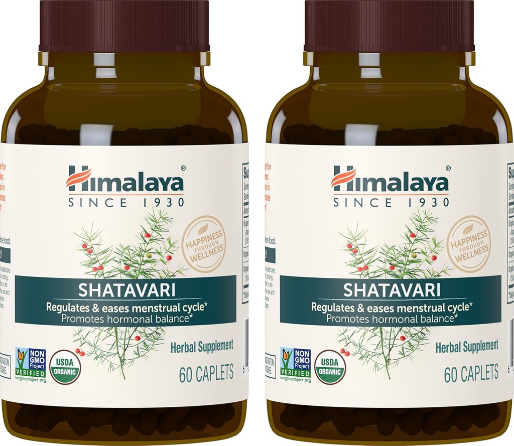 Himalaya Shatavari Orgánica para PMS, Alivio Menstrual del Calambre, Apoyo a la menopausia y Salud de las Mujeres, 1.300 mg, 60 Caplets, 2 Month Supply, 2 Pack