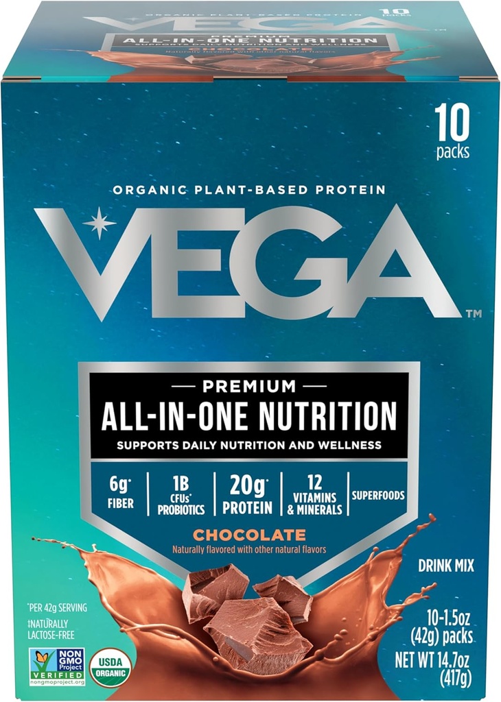 Vega Orgánica All-in-One Vegan Protein Powder, Chocolate - Superfood Ingredients, Vitaminas para Apoyo Inmunitario, Keto Friendly, Pea Protein for Women &amp; Men, 14.7 oz (Packaging May Vary)