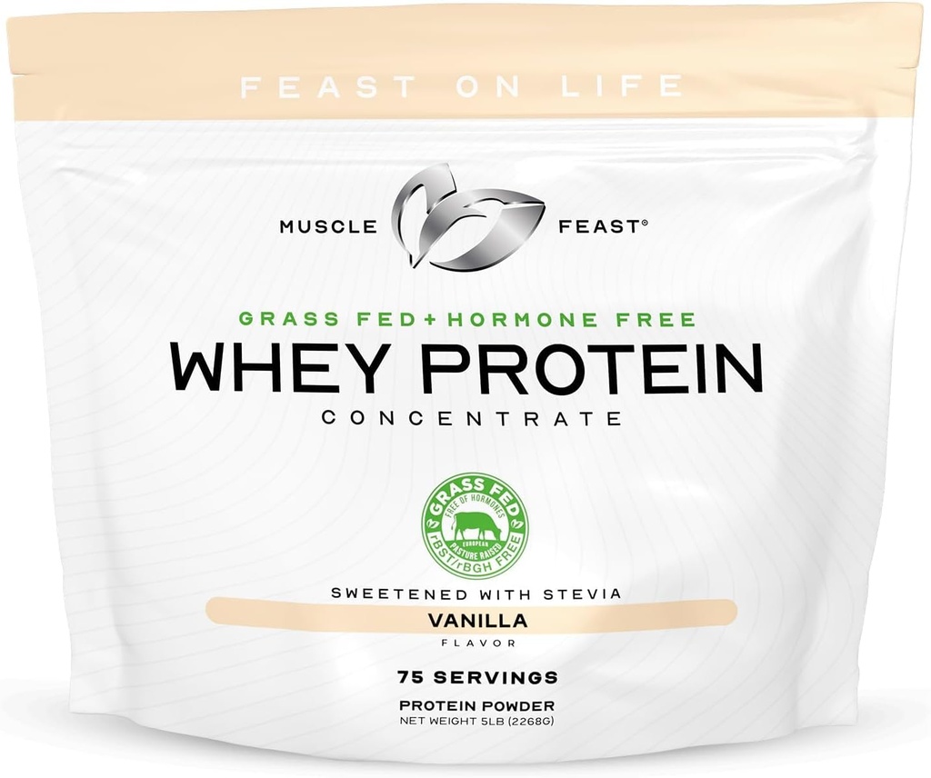 Muscle Feast Grass-Fed Whey Protein Concentrate Powder, All Natural, Hormone Free Pasture Raised Whey Protein Powder for Women &amp; Men, Clean, Non-GMO & Gluten Free Whey Concentrate - Vanilla, 5lb
