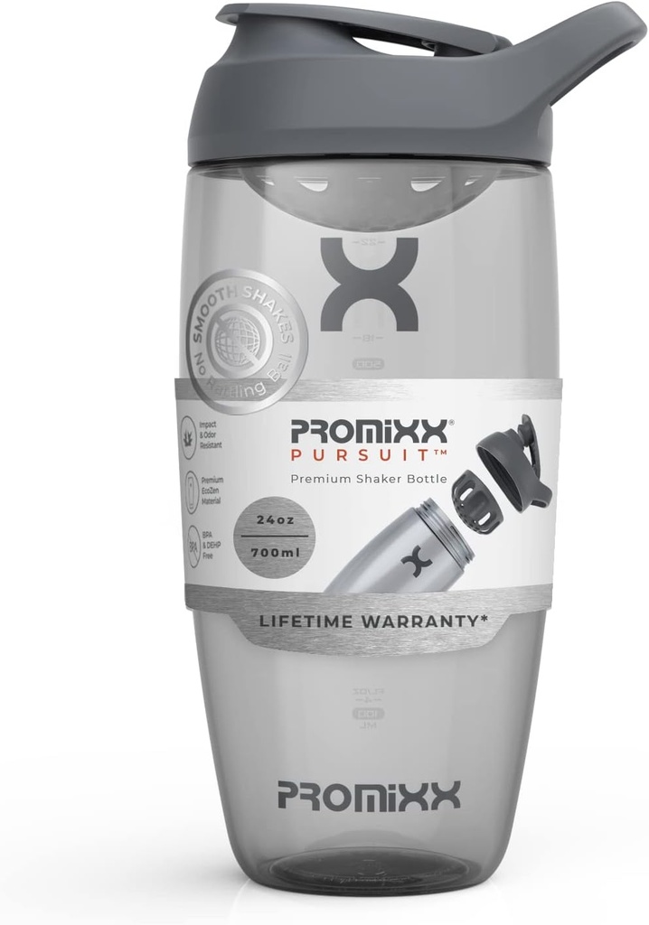 Promixx Pursuit Protein Shaker Bottle (24 oz) – Silent No-Ball Mixer, Leak-Proof Lid, BPA/BPS & Phthalate-Free ECOZEN – Easy-Clean Shaker Cup for Protein Shakes, Pre " Post-Workout Smoothies