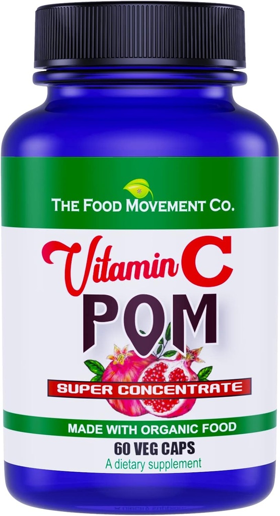 El Movimiento Alimentario Vitamina C Pom - Concentrado de superalimentos granados Combinado con Vitamina C 100% basada en plantas de Cereza Acerola orgánica y Camu Camu- Vegan - Gluten Gratis - 60 cápsulas