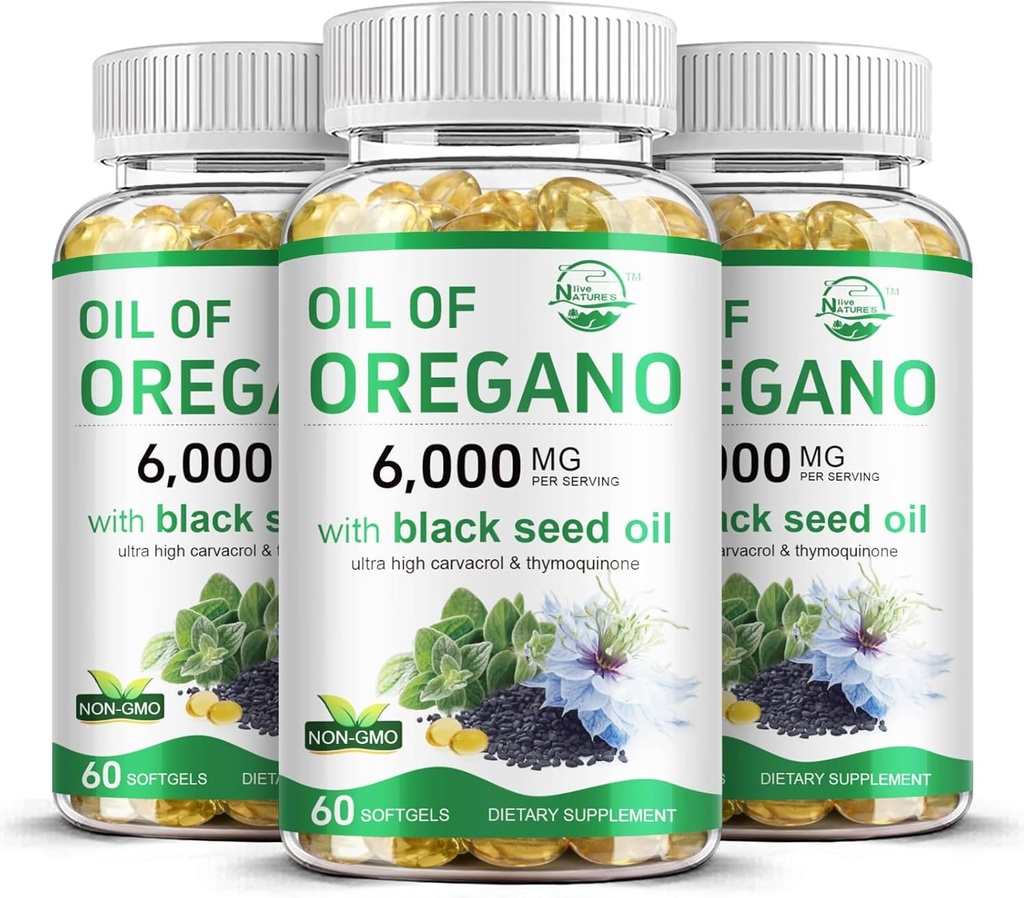 Óleo vivo de orégano con aceite de semilla negra, 2 en 1 Suplemento de orégano para salud inmune, retiene carvacrol concentrado alto " Thymoquinone, Non-GMO, 3 Pack