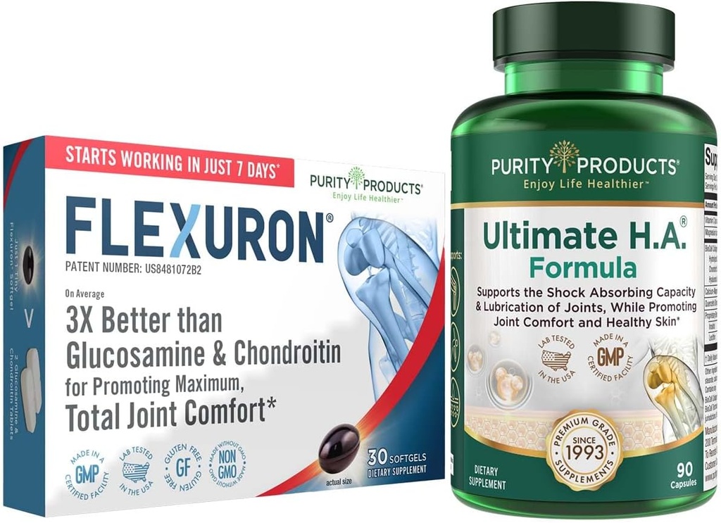 Purity Products Flexuron Joint Formula + Ultimate HA Flexuron (Krill Oil, Low Molecular Weight Hyaluronic Acid, Astaxanthin) - Ultimate H.A. (BioCell Collagen, Quercetin, Hyaluronic Acid + Más)
