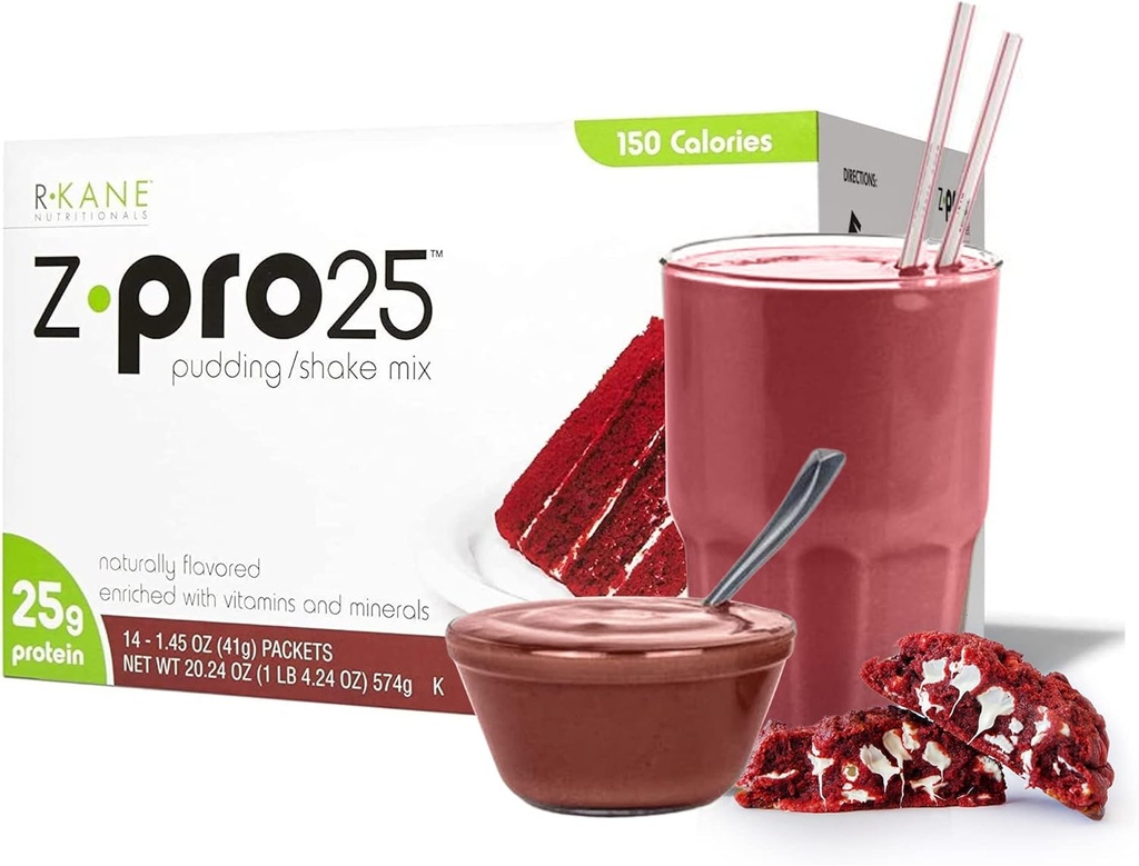 R-Kane Nutritionals Z-Pro Red Velvet Protein Drink Mix - High Protein, Low Calorie Low Fat Shake and Pudding Mix - Meal Replacement, On-The-Go Packets - Desayuno Boost - 25g Protein - 14 Packets