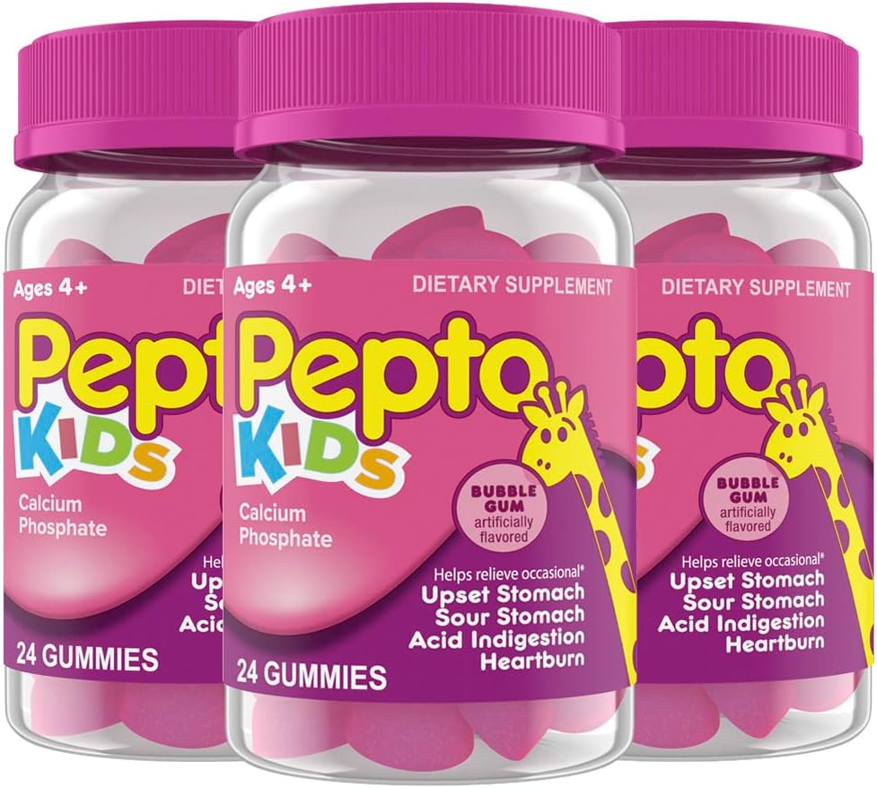 Pepto Kids Gummies, Helps Relieve Occasional Upset Stomach, Acid Indigestion, Sour Stomach y Heartburn, 72 Total (3 Packs de 24)