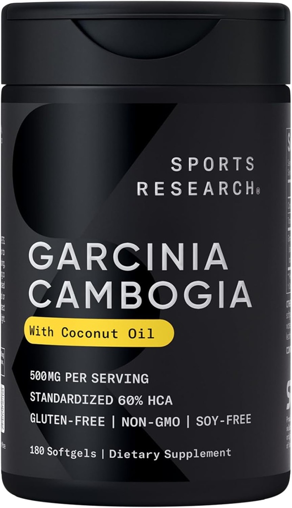 Investigación Deportiva Extracto de Garcinia Cambogia (60% HCA) con Aceite de Coco Orgánico Extra Virgen Silencioso no GMO, Soy &amp; Gluten Gratis (180 Softgels Líquidos)