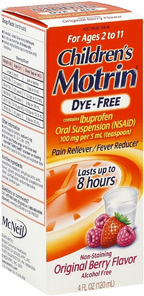 Motrin Children's Dye-Free Doin Reliever/Fever Reducer, Original Berry Flavor 4 oz (10 Pack)
