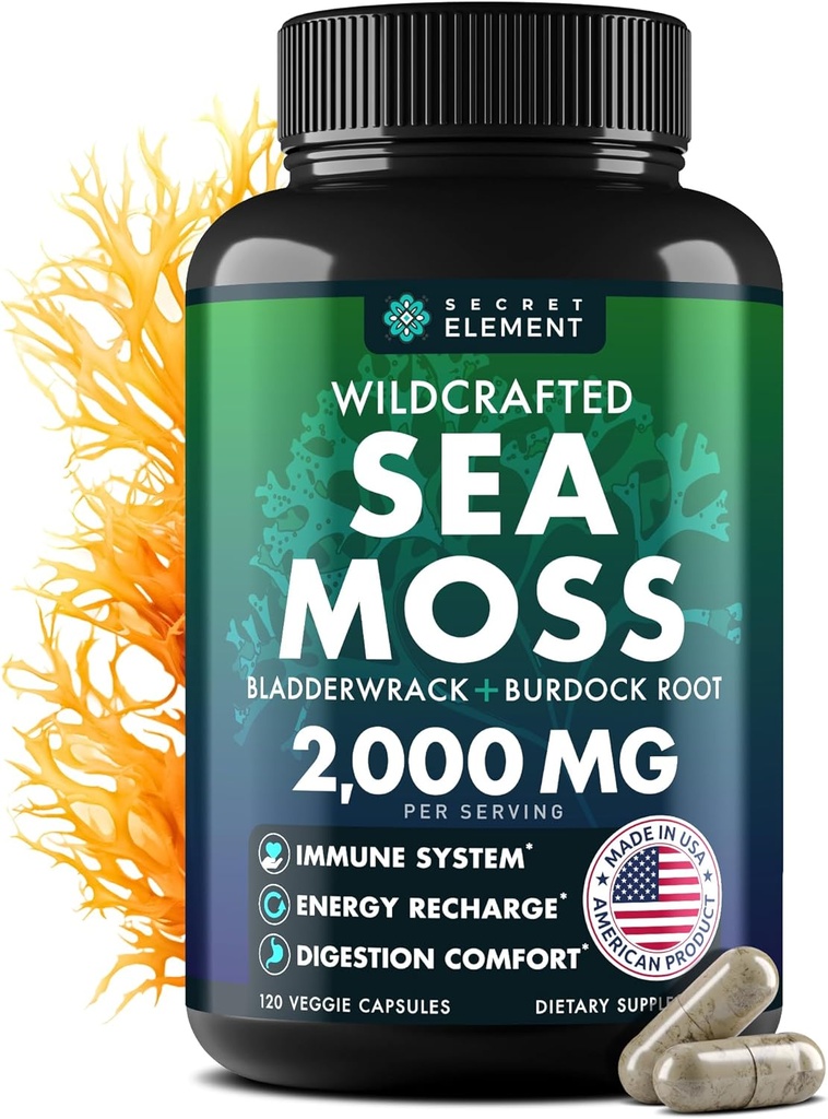 Sea Moss Capsules - Irish Sea Moss Advanced with Burdock Root, Bladderwrack &amp; Muira Puama for Immunity, Gut, " Energy - Superfood Sea Moss Suplementos w/Raw Sea Mos Powder - 120 Irish Seamoss Pills