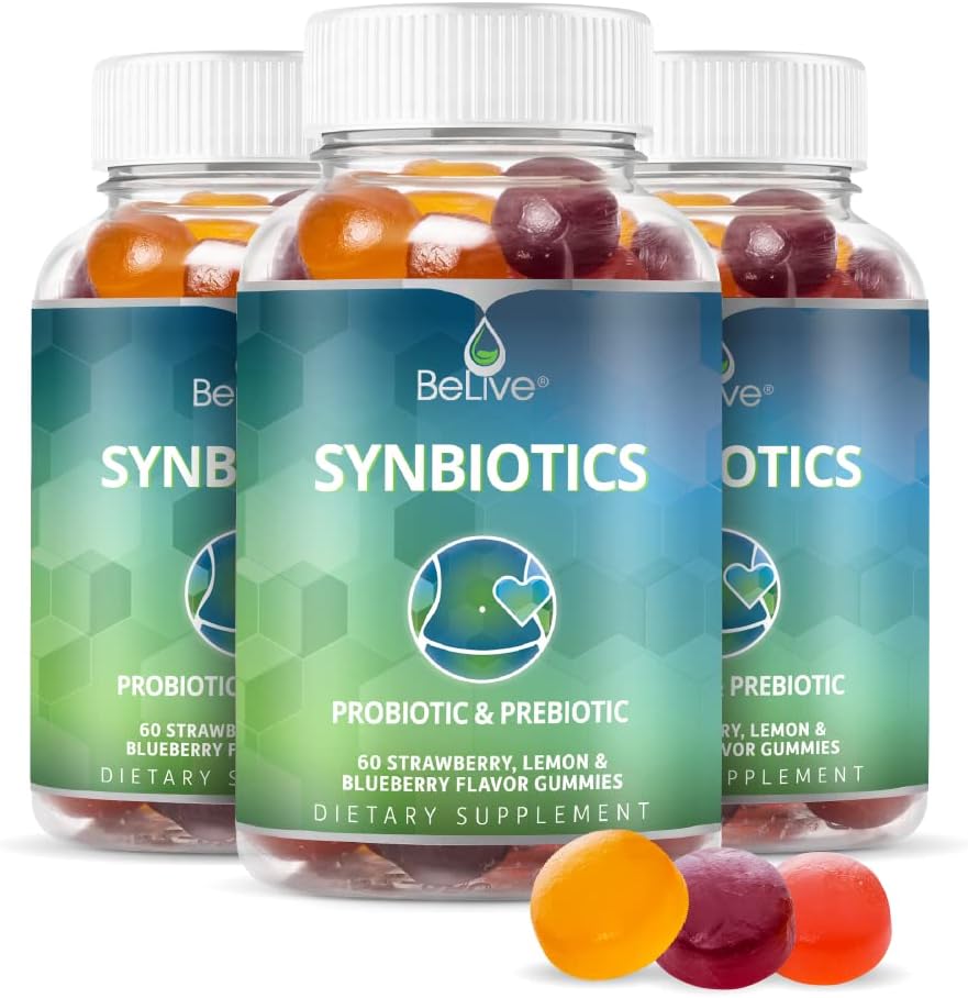 Sinbióticos BeLive - Probióticos &amp; Prebióticos Fiber Gummies – Inulina de alta resistencia (3g), Suplemento dietético de fibra, Apoyo Digestivo para Adultos Infantiles - Fresa, Lemon, Blueberry Flavor ← 3-Pack
