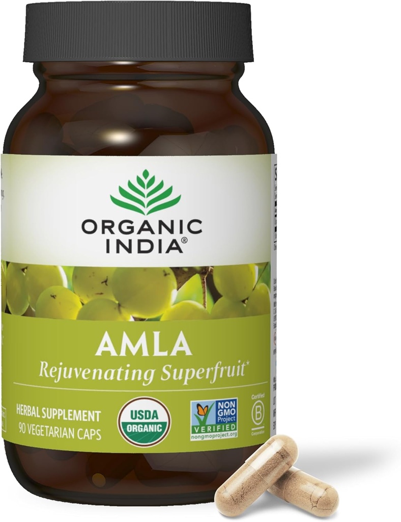 Organic India Amla Capsules Organic - Indian Gooseberry Herbal Vitamin Supplement, Amla Supplement, Immune Support, Vegan, Gluten-Free, Ayurvedic, Antioxidante, Non-GMO - 90 cápsulas