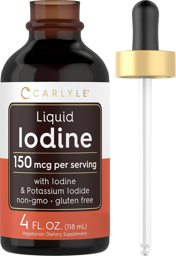Carlyle Liquid Iodine Drops 4 fl oz TEN 150 mcg ANTE Iodine ' Potassium Iodide Suplemento Silencio Vegetarian Liquid Tincture ← Non-GMO, Gluten Free