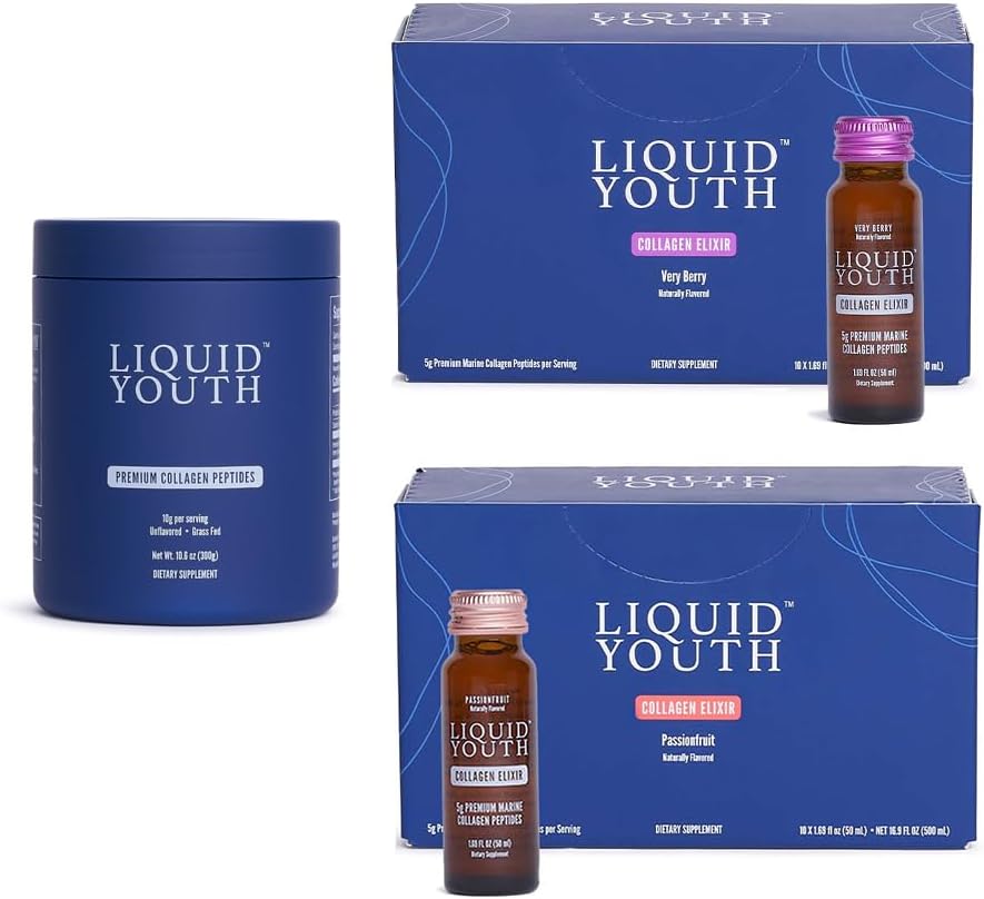 Collagen Peptides Powder & Liquid Collagen Elixir Shots for Women &amp; Hombre - Tipo I & III Premium Grass-fed Bovine & Marine Collagen - Promueve el crecimiento del cabello, la piel, el clavo, el hueso " Joint Health (50 Servings)