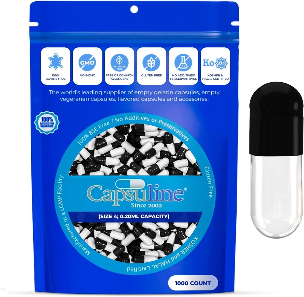 Capsuline Size 4 Empty Gelatin Capsules, Black/Clear - 1000 Count ¦ Gluten Free, Kosher, Non-GMO Certified ¦ Pure Bovine Pill Caps for DIY Supplement Filling