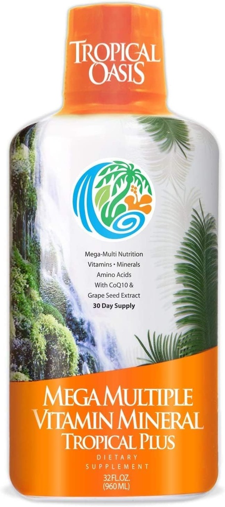 Oasis Tropical Mega Plus - Suplemento Multivitamina y Mineral líquido – Incluye 85 Vitaminas & Minerales, 20 Aminoácidos + CoQ10, Extracto de semillas de uva &amp; Aloe Vera Orgánica - 32oz, 32 Servimientos, 33460