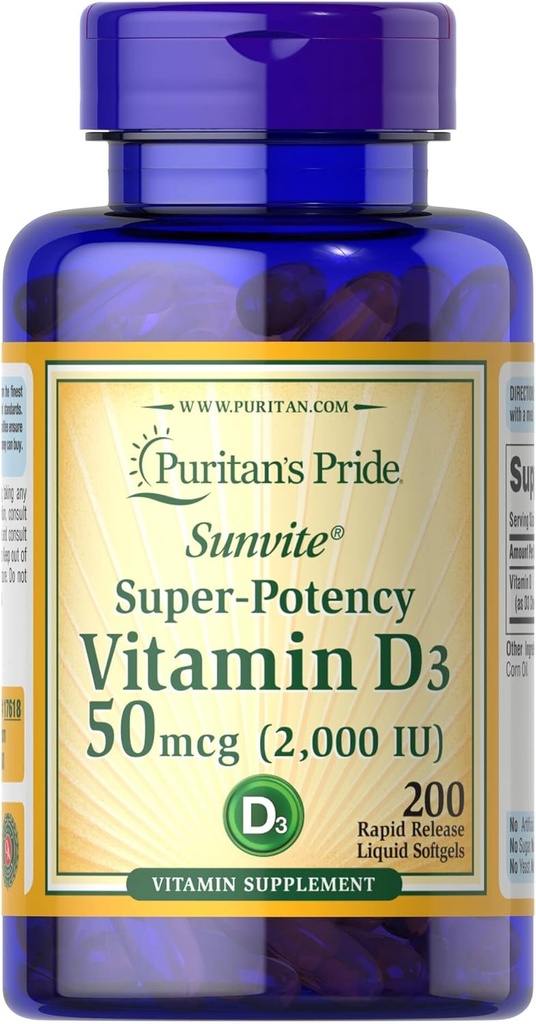 Vitamina D3 50mcg (2.000 UI) Bolsters Immune Health by Puritan's Pride for Support of Immune Health and Healthy Bones and Teeth 200 Softgels