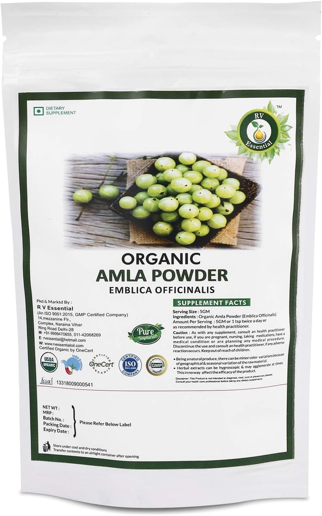 R V Esencial Amla Polvo orgánico 100gm/ 3.53oz/ 0.22lb- Emblica Officinalis Amla Polvo de frutas para el cabello USDA Suplemento herbal ayurvédico certificado orgánico en bolsa de cierre de zinc resealable y reutilizable