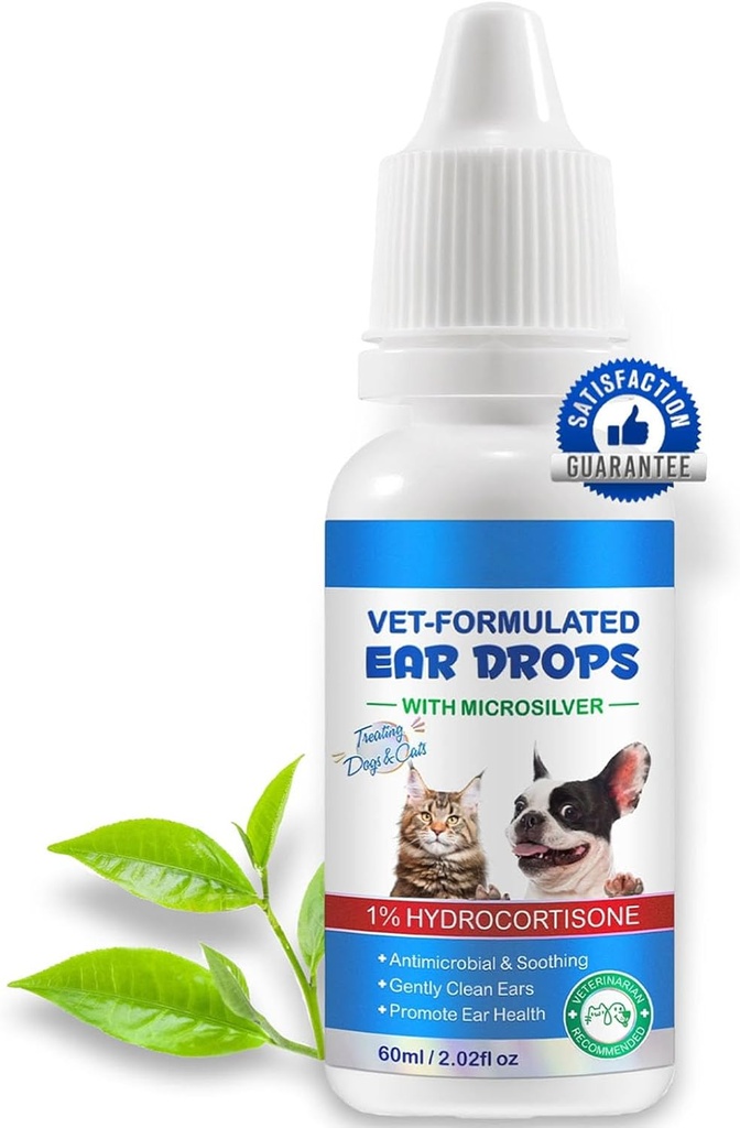 Caídas de oído para gatos &amp; perros-Dog Infección de oído Medicación-Ear Mites Tratamiento-Dog Levadura Limpieza con 1% Hydrocortisone-Clean Pet Earwax-Mild y Effective-60ml