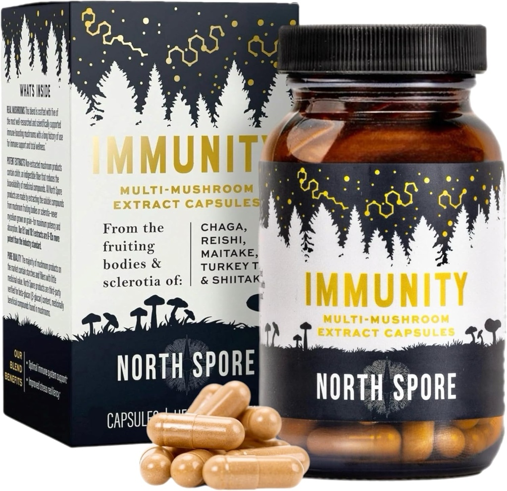North Spore Immunity Mushroom Extract Supplement Capsules ← Orgánica Turquía Tail, Chaga, Reishi, Maitake, Shiitake Blend ← 100% Fruiting Body Extracts - 120 ct