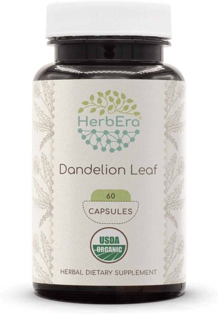 HerbEra Dandelion Leaf USDA Orgánica 60 Capsules  Natural Herbal Suplemento Silencio Certified Organic Vegetarian Capsules and Organic Dandelion (Taraxacum Officinale) Leaf seco (60 cápsulas)