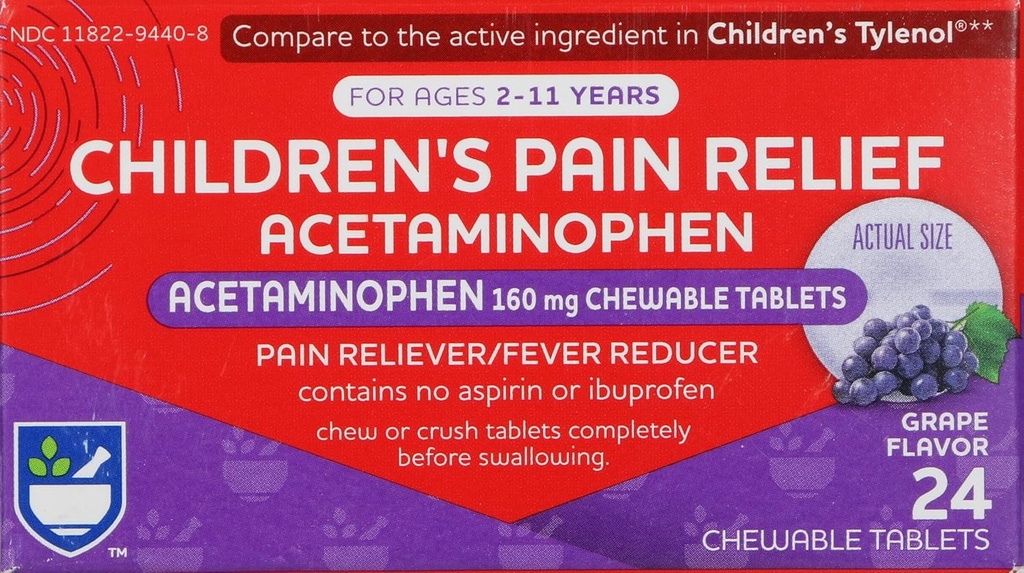 Rite Aid Alivio del Dolor de los Niños Tablas de Grapa Chewable, Acetaminophen, 160 mg - 24 Conde Silencioso del Dolor &amp; Alivio Fever para Niños Edades 2-11 Años ← Alcohol-Free, Aspirin-Free, Ibuprofeno-Free