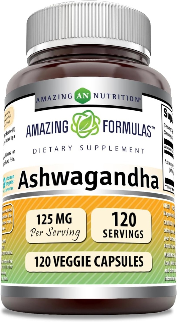 Fórmulas asombrosas Ashwagandha Extracto Suplemento Silencio 125 Mg Por Serving Silencio Veggie Capsules Silencio No-GMO Silencio Gluten Gratis Silencio Made in USA (1 Pack, 120 Cuenta)