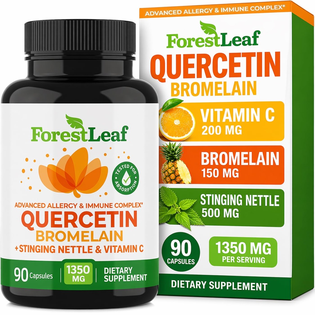 ForestLeaf Quercetin with Bromelain 1350mg - Blend with Vitamin C & Stinging Nettle Supplement, Quercetin 500mg Capsules, Non-GMO Gluten Free, Natural Function, 90 Veggie Caps