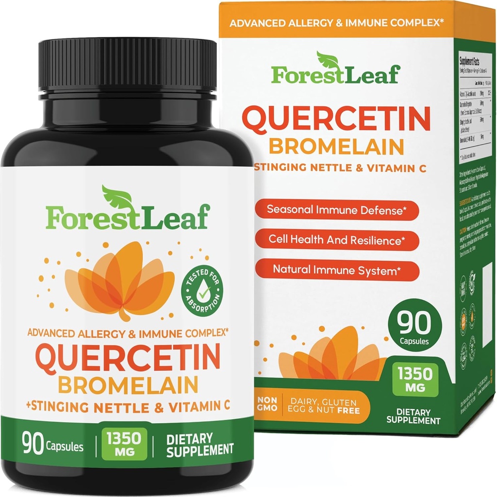 ForestLeaf Quercetin with Bromelain 1350mg - Blend with Vitamin C & Stinging Nettle Supplement, Quercetin 500mg Capsules, Non-GMO Gluten Free, Natural Immune & Respiratory Function, 90 Veggie Caps