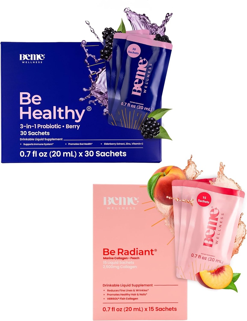 BeMe BeHealthy " BeRadiant Peach Bundle - Probióticos líquidos " Suplementos de Bebida de Collagen líquido
