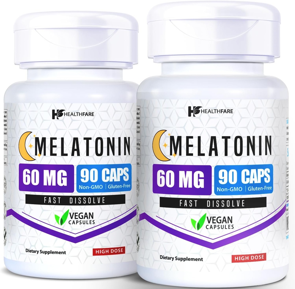 HealthFare Melatonin 60mg Silencioso Pack of 2 ← 90 Veg Capsules Cada ← High-Strength Fórmula ← Vegetarian, Non-GMO, Gluten-Free