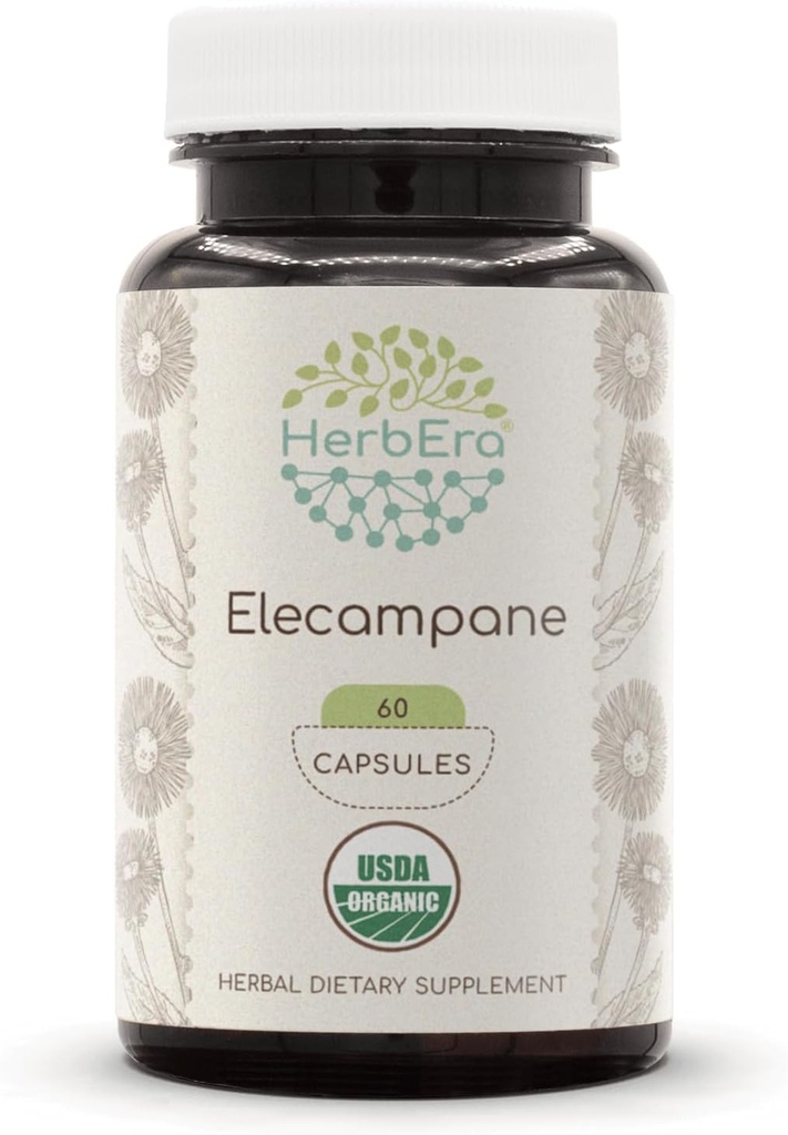 HerbEra Elecampane USDA Organic 60 Capsules ← Natural Herbal Suplemento Silencio Certified Organic Vegetarian Capsules and Organic Elecampane (Inula Helenium) Dried Root (60 Capsules)