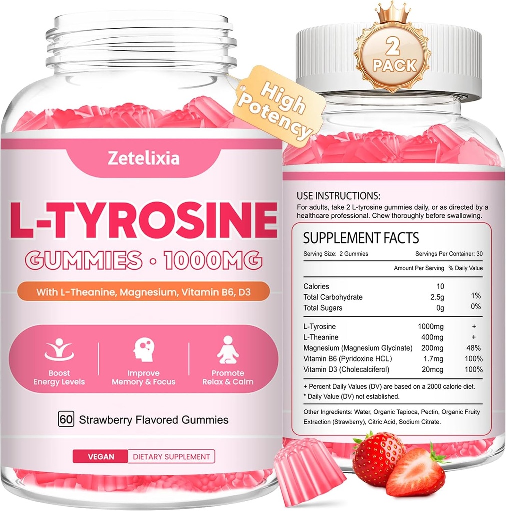 2 Pack L Tyrosine Gummies, L-Tyrosine Supplement Gummies, L-Theanine Gummies with Vitamin B6 D3, Focus Gummies Support Memory, Energy, Mood for Adult &amp; Kids, Strawberry Flavor, 120 Count