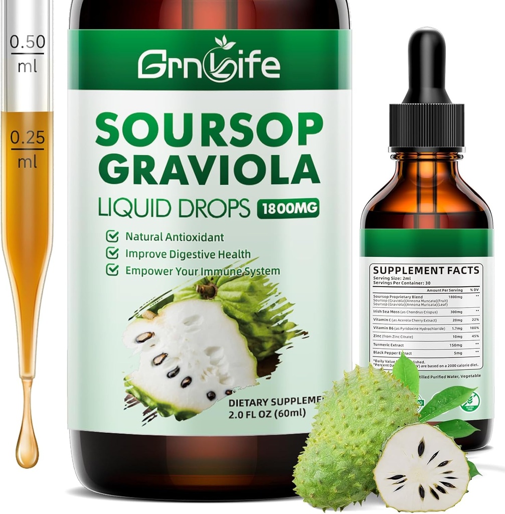 (1 Pack) Soursop Graviola Liquid Drop with Sea Moss & Turmeric, Soursop Bitters Liquid for Cell Support & Regeneration, Antioxidant and Immune, 2 Fl/Oz