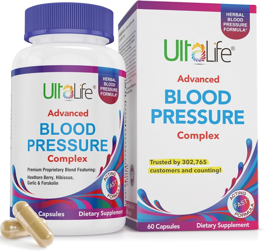 ULTALIFE Blood Pressure Supplement Complex - Advanced Blood Pressure Supplement Complex - Hawthorn Berry, Hibiscus, Ajo, Forskolin - 14 Vitaminas &amp; Herbs, 30 Day Supply in Veggie Capsules