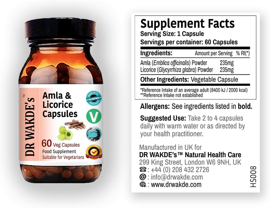 Capsulas Amla &amp; Licorice de DR WAKDE (60 Veg Caps, para la indigestión ácida, Suplemento ayurvédico, Vegan, Herbal, All Natural, Made in UK)