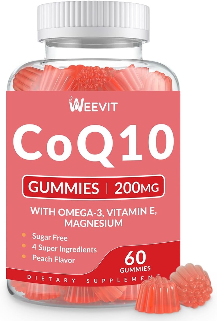 Azúcar CoQ10 Gummies 200mg, Coenzyme Q10 w/Omega-3, Vitamina E para Adultos, Co Q10 Suplemento para Antioxidante, Energía, Cerebro