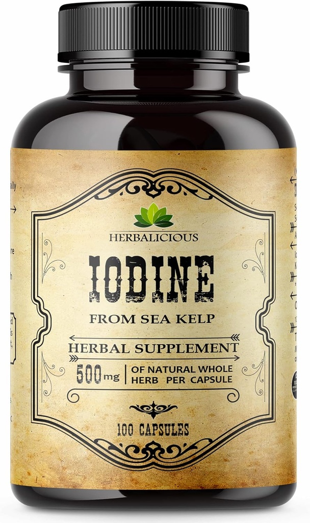 Tablas de yodo HERBALICIOUS – Iodine natural de Sea Kelp – Suplemento de apoyo a tiroides para la energía, la digestión, Cerebro &amp; Bone Health – No Gluten-Free – 100 cápsulas