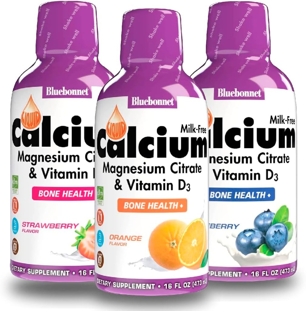 Bluebonnet Liquid Calcium Citrate Magnesium Citrate, Vitamina D3- Bundle of Orange, Blueberry y Strawberry Flavor, 3 Botella de 16 Fl Oz Cada (48 Fl Oz Total)