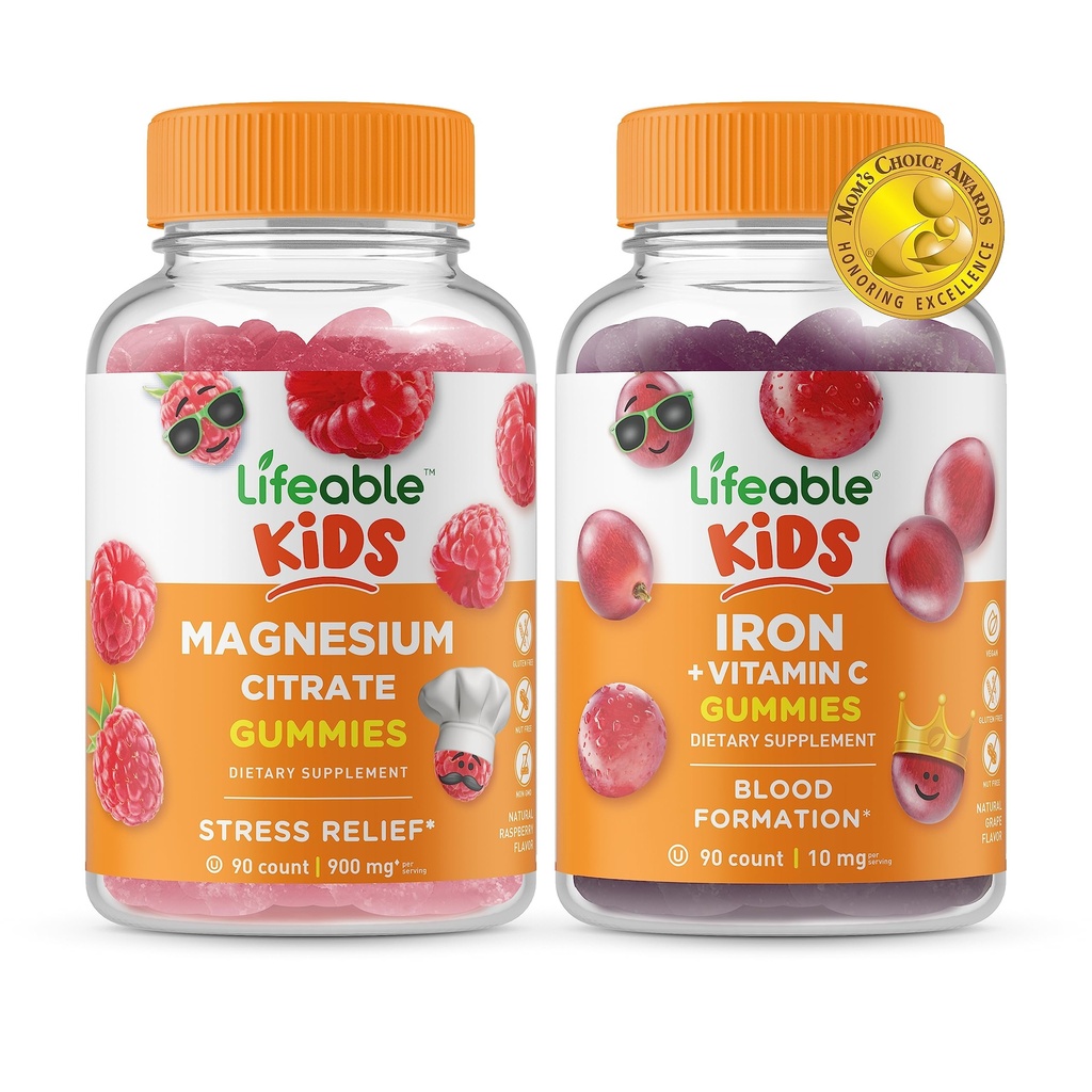 Lifeable Magnesium Kids + Iron & Vitamin C Kids, Gummies Bundle - Great Tasting, Vitamin Supplement, Gluten Free, GMO Free, Chewable Gummy