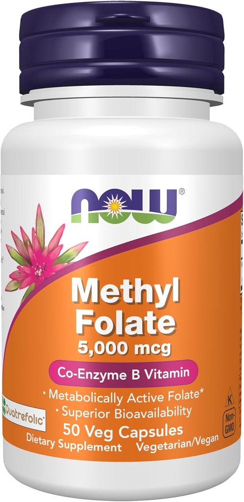AHORA Suplementos de alimentos, Folato de metil 5000 mcg, Biodisponibilidad superior, 50 cápsulas de veg