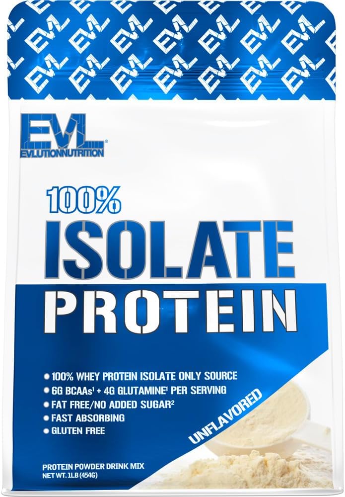 Evlution Nutrition 100% Isolate, Whey Isolate Protein Powder, 25 G of Fast Absorbing Protein, No Sugar Added, Low-Carb, Gluten-Free (Unflavored, 1 LB)