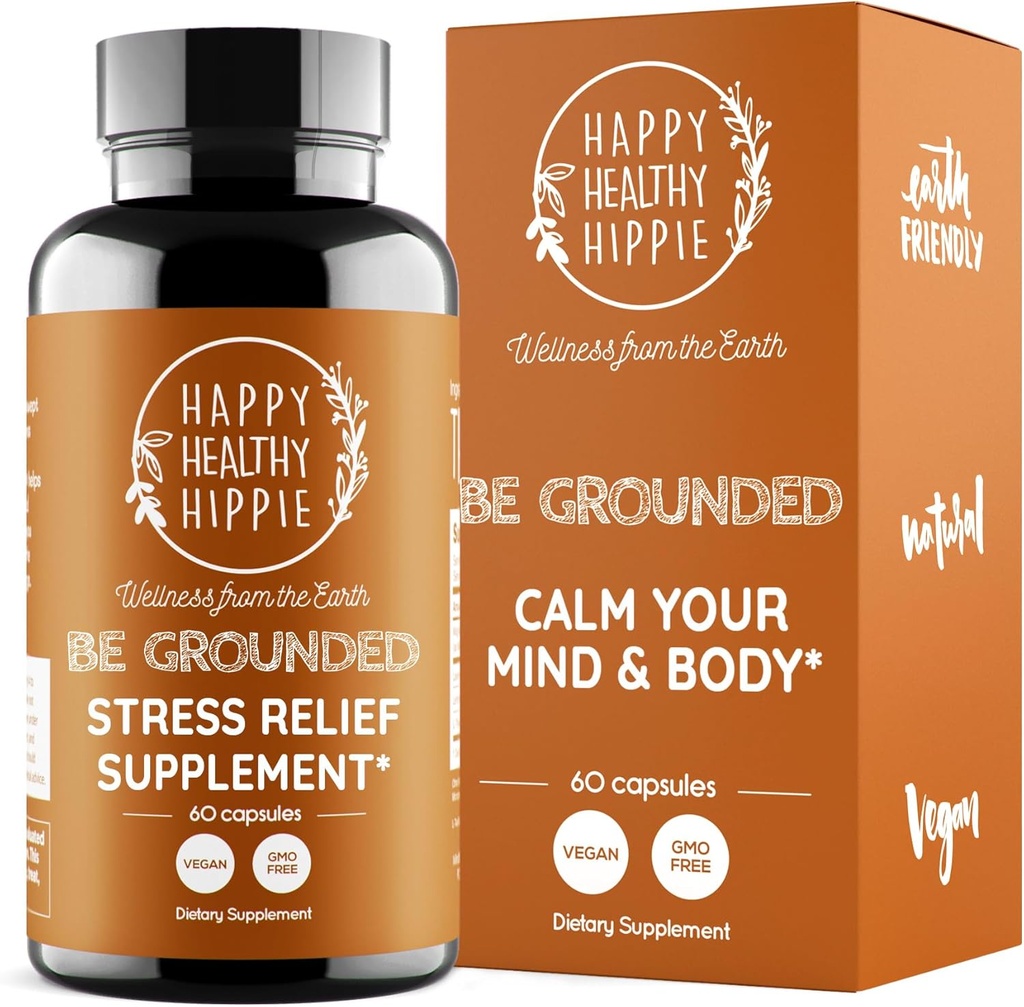 Happy Healthy Hippie Be Grounded Stress Relief Supplement – Lavender Pills ← Promueve la calma " Relajación " TEN Quick Acting TEN Magnesium Glycinate 100mg, L Theanine, Lemon Balm Leaf, Silencio Herbal, 60 Ct