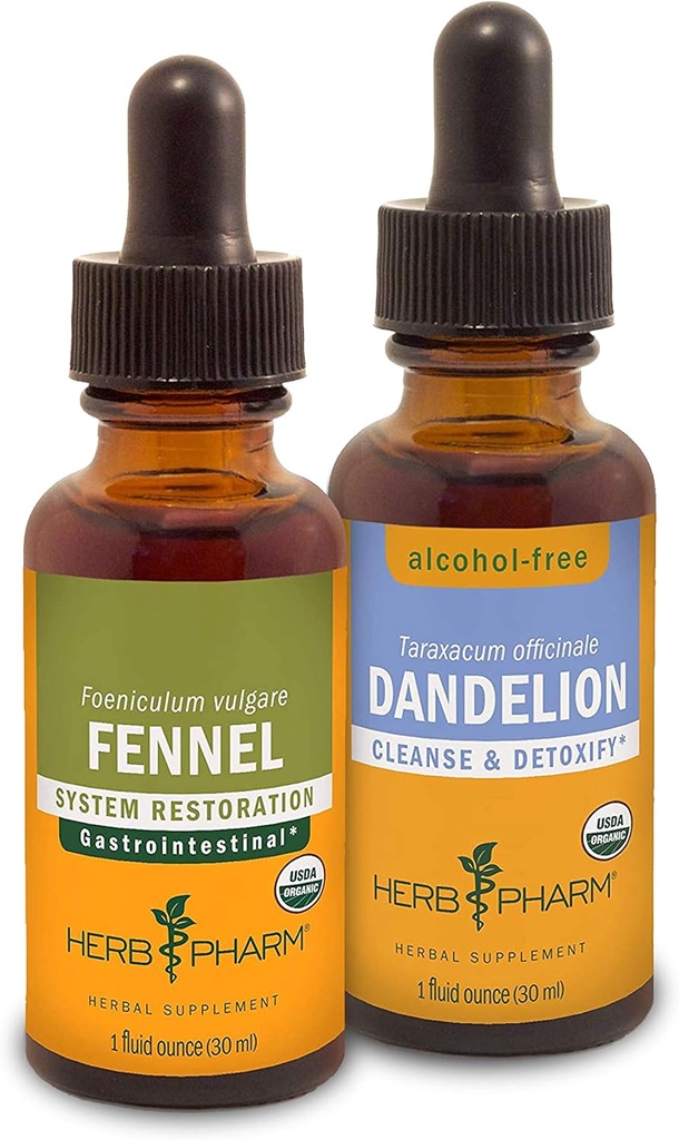 Herb Pharm Digestive Support " Detox Kit - Incluye extracto líquido de hinojo orgánico certificado, 1 onza " Alcohol-Free Dandelion Liquid Extract, 1 onza